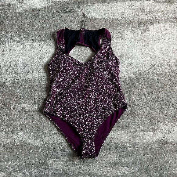 Nike Swimsuit Womens XL One Piece Back Zip Burgundy Polka Dots Bathing Suit New - Picture 2 of 11